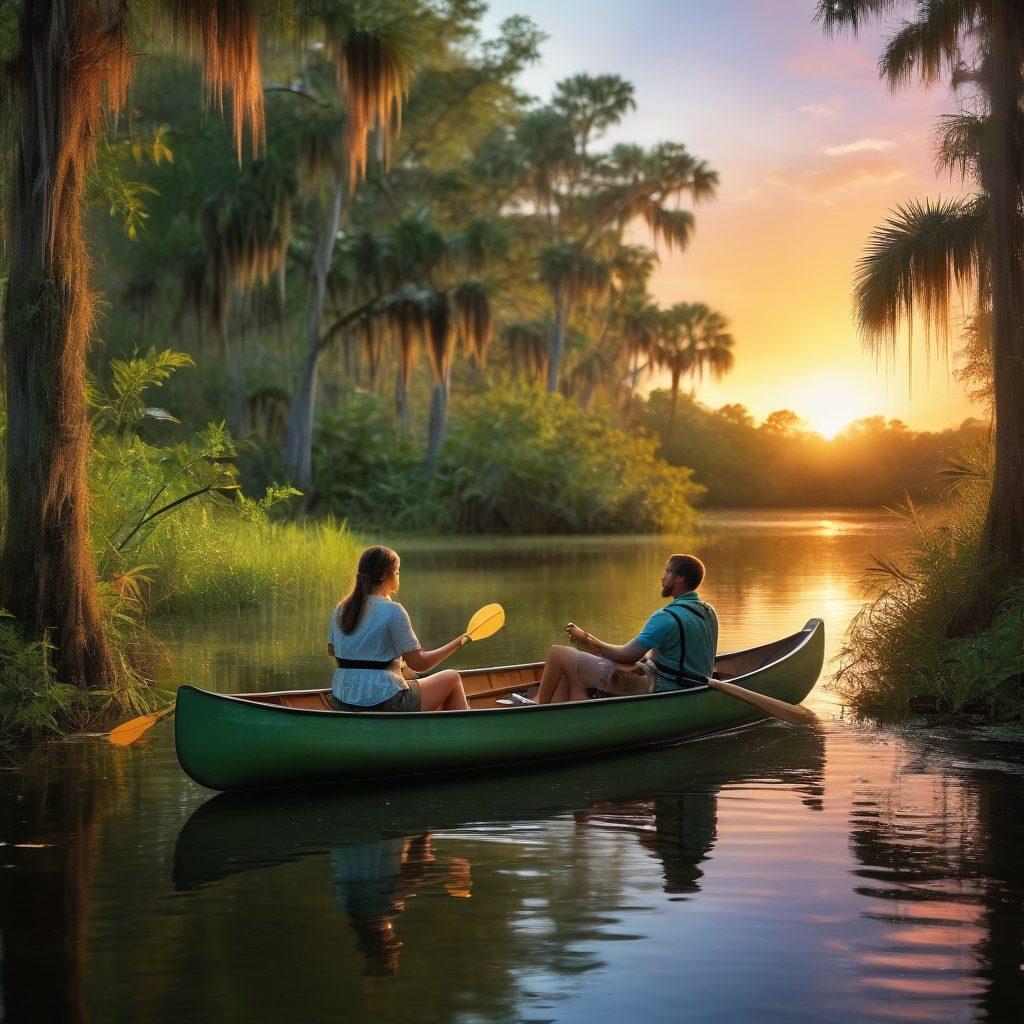 A romantic scene featuring a couple leisurely canoeing through a lush Florida swamp, surrounded by vivid green foliage and the warm glow of sunset. Alligators can be seen lounging nearby, blending harmoniously into the tranquil landscape. The couple is smiling and enjoying their adventure, emphasizing the unique blend of romance and exotic wildlife. Add a soft romantic glow to the scene. vibrant colors. super-realistic.