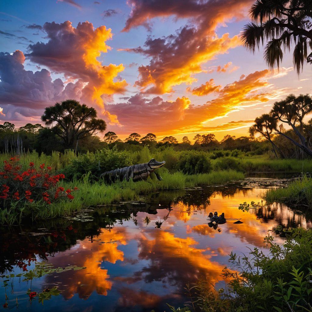 A serene Florida landscape showcasing a vibrant wetland filled with lush greenery, colorful wildflowers, and diverse wildlife like alligators, turtles, and exotic birds. In the foreground, a couple is passionately observing the beauty of nature, interacting with the environment, and capturing moments on their camera. The sky is adorned with a stunning sunset, symbolizing love and tranquility. super-realistic. vibrant colors. 3D.