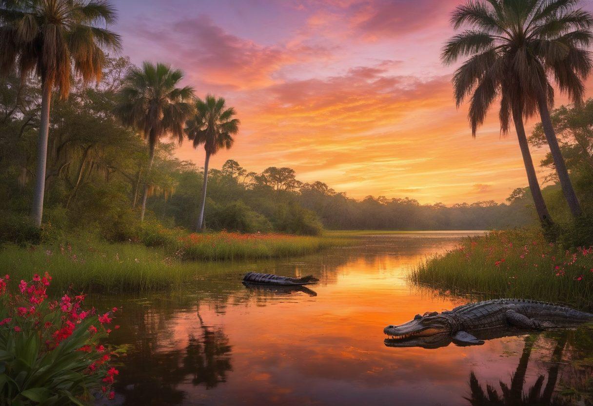 A romantic couple enjoying a sunset picnic by a serene Florida swamp, surrounded by lush greenery and blooming wildflowers. In the background, a gentle alligator peeks from the water's edge, symbolizing the wild nature of the state. The sky is painted in warm hues of orange and pink, casting a golden light over the scene, while palm trees frame the picture. super-realistic. vibrant colors. warm tones.